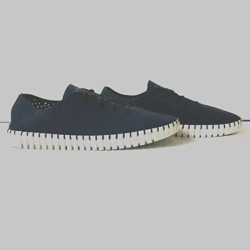 SKECHERS Air Cooled Memory Foam Womens 10 Navy Blue Fabric Lace Up Sneaker Flats